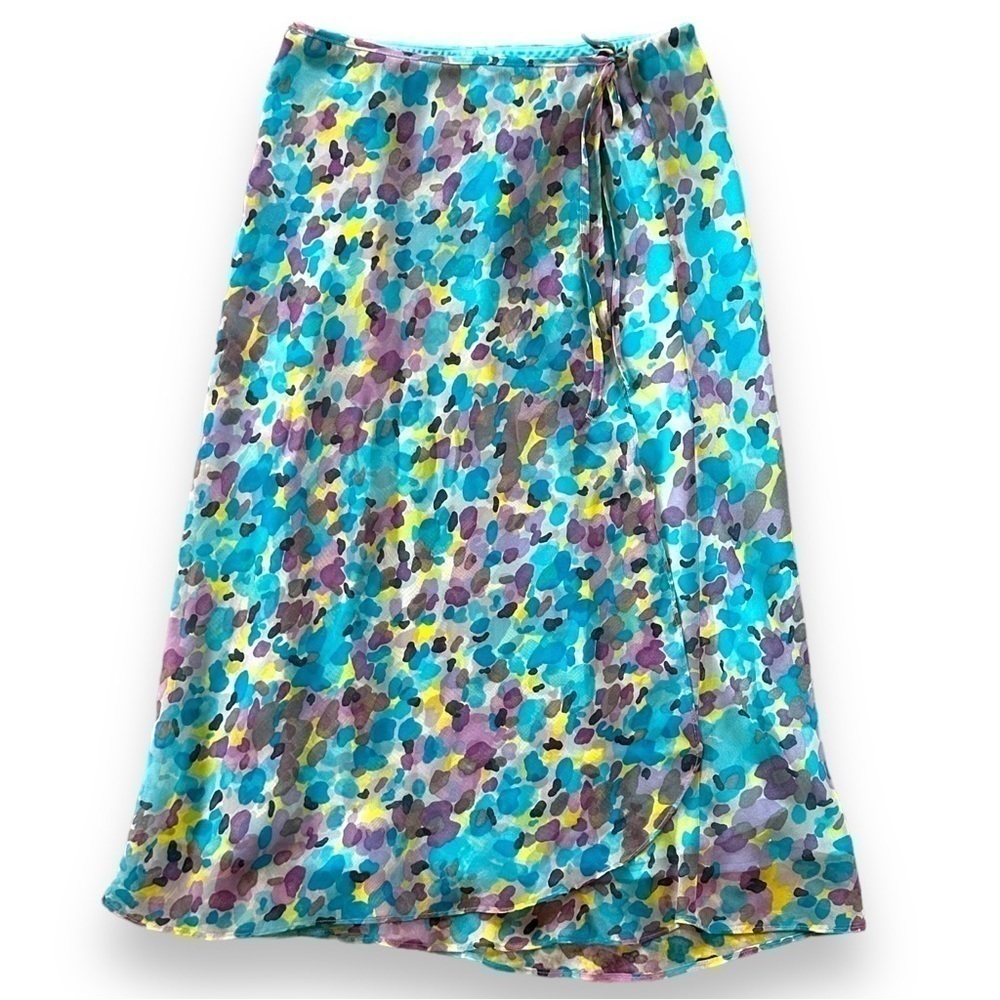 Y2K floral wrap ruffle midi skirt blue watercolor size medium early 2000’s‍‍‍‍